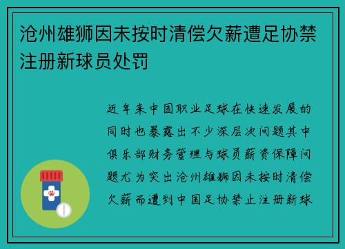 沧州雄狮因未按时清偿欠薪遭足协禁注册新球员处罚 沧州雄狮因未按时清偿欠薪遭足协禁注册新球员处罚